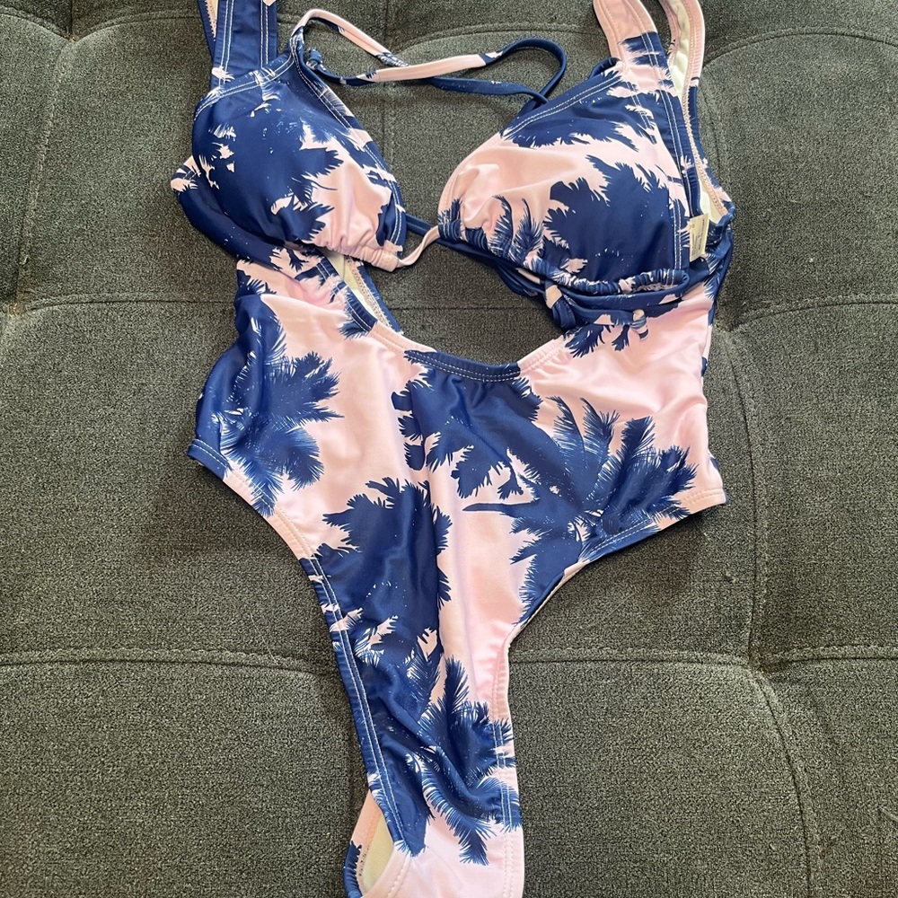 Palm Print two-Piece Swimsuit in Blue and Pink